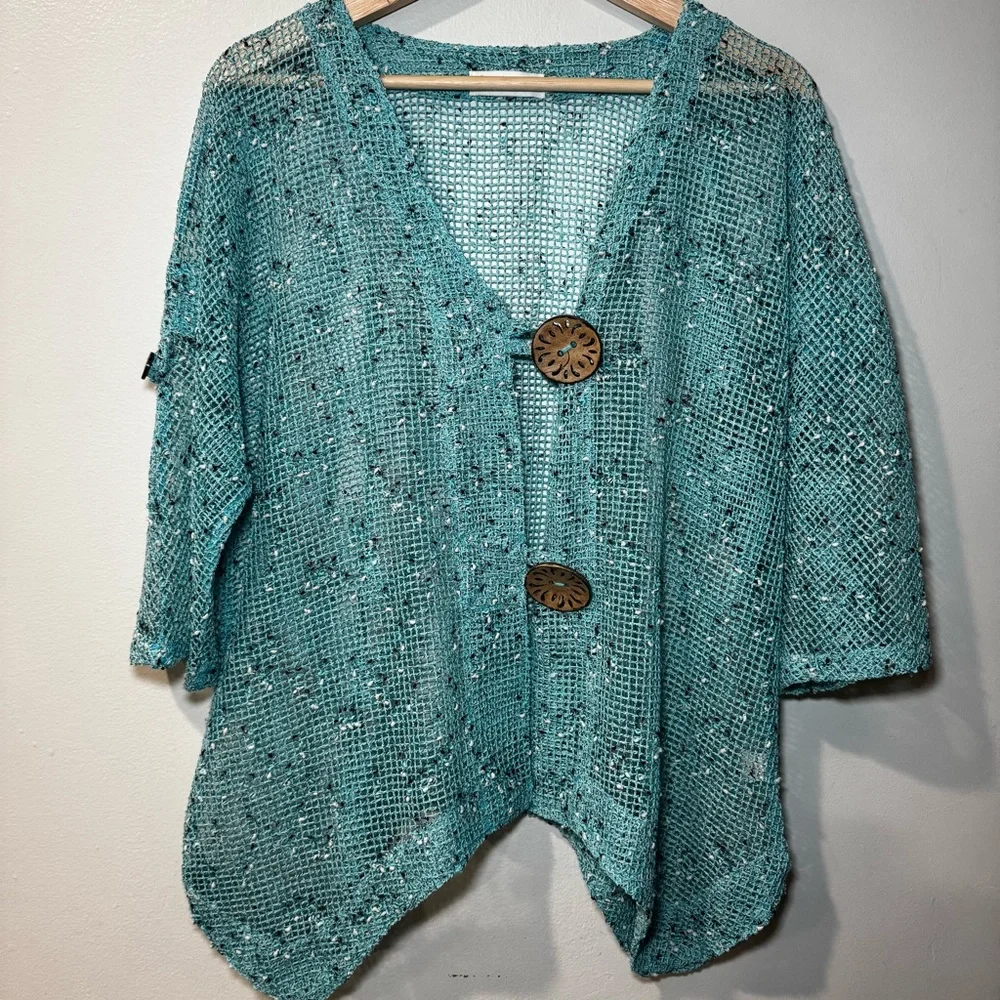 LULU B Sz Large Aqua‎ Mesh Short Sleeve Oversized Cardigan w/Huge Buttons Beachy